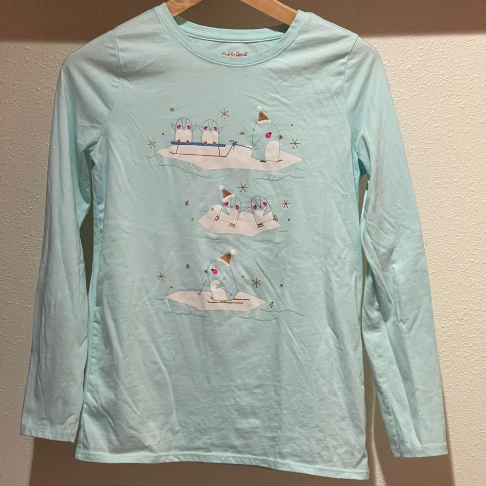 Cat & Jack size 14 powder blue long sleeve shirt. Winter/holiday print.